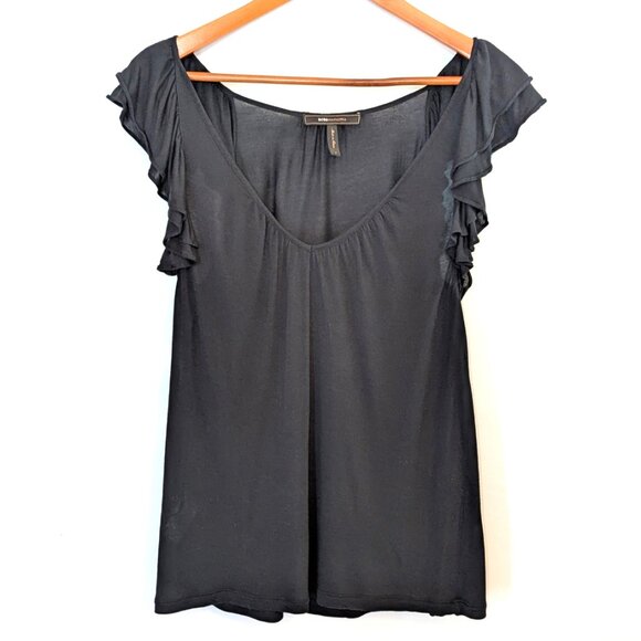 BCBGMAXAZRIA | Black V-Neck Ruffle Short Cap Sleeve Tee | Size Small - Picture 6 of 11